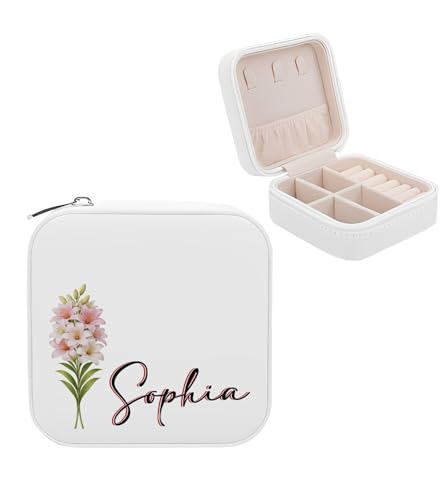 Personalized Birth Flower Jewelry Box for Women, Custom Name Leather Travel Jewelry Organizer Case, Mothers Day Gift for M...