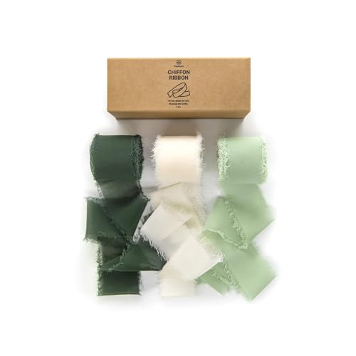 Vitalizart Handmade Chiffon Silk Ribbon Fringe Green & Cream 1.5" x 21 Yd Frayed Edges Ribbons for Wedding Invitations Bri...