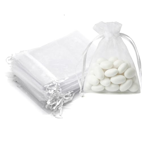 Bezall 50Pcs White Organza Bags 3x4 Inch, Small Sheer Wedding Party Favor Bags with Drawstring, Mesh Jewelry Gift Bags Chr...