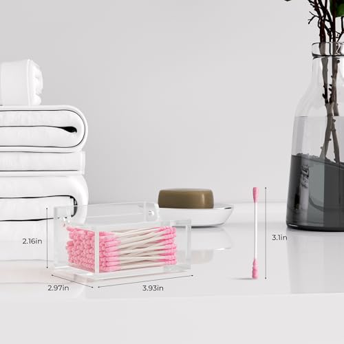 Dealpoli Clear Acrylic Qtip Holder with Lid, Cotton Balls Swab Organizer, 3.9" x 2.8" x 2" Dispenser for Makeup Pad, Floss...