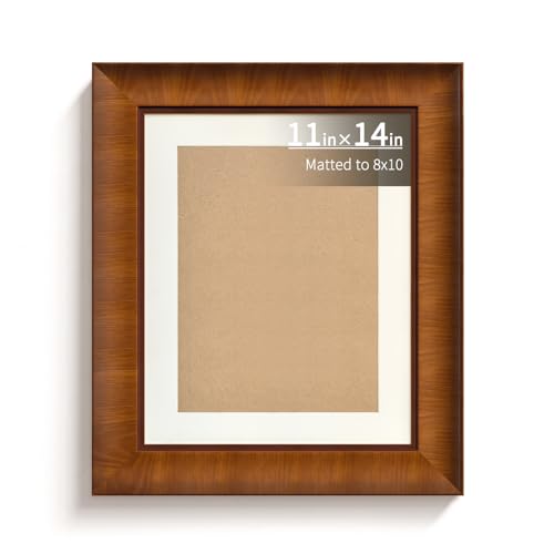 BWPFRAME 11x14 Picture Frame Matted to 8x10, Minimalist Style, Solid Wood, Walnut Brown Frame with Smooth Satin Finish, Pl...