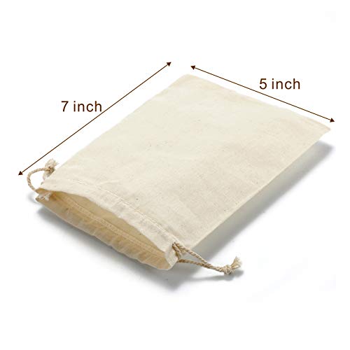 DRQ Cotton Drawstring Bags - EcoFriendly Muslin Gift & Party Favor Pouches (5 by 7 inch) - Unbleached Cotton Fabric Cloth ...