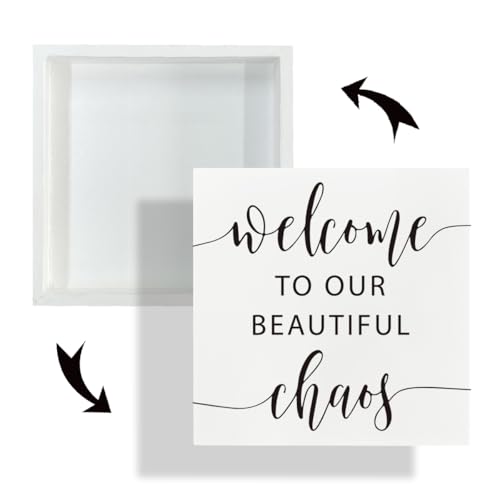 Modern Farmhouse Shelf Decor, Welcome to Our Beautiful Chaos White Wooden Box Sign for Tabletop Entryway Living Room Accen...