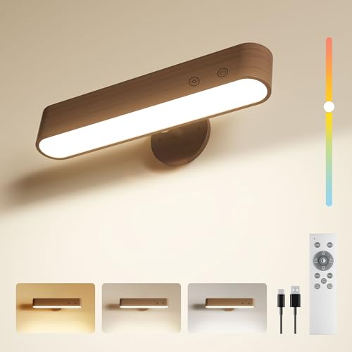 Rechargeable Indoor Wall Sconce Wood, LED Wall Light for Bedroom,Touch and Remote Control,360° Rotate Walnut Wood Wall Lig...