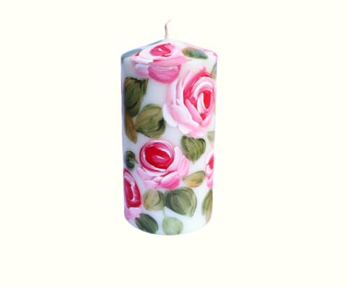Romantic Decorative Unscented Dripless 6 Inch Tall Decorative Large White Pillar Candle with Hand Painted Pink Roses Shabb...
