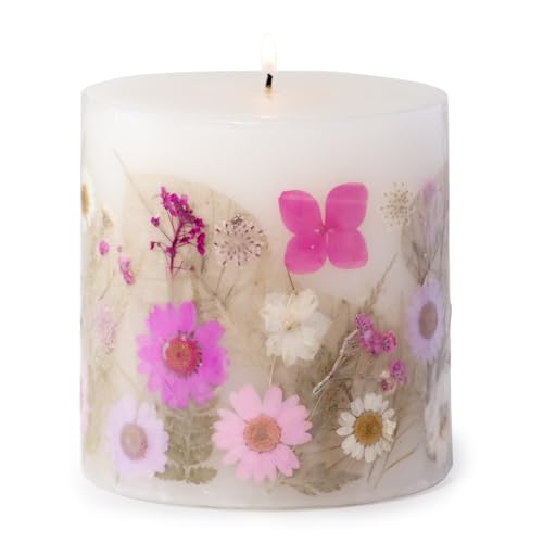 ANDALUCA Pressed Real Flowers Handcrafted Botanical Floral Pillar Candle (Fresh Peony)