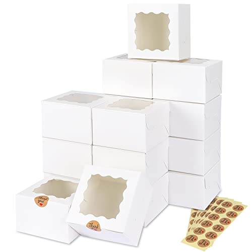 Moretoes 50pcs White Cookie Boxes with Window, 4x4x2.5 Inches Bakery Boxes with 5pcs Stickers for Small Cookies, Treats, D...