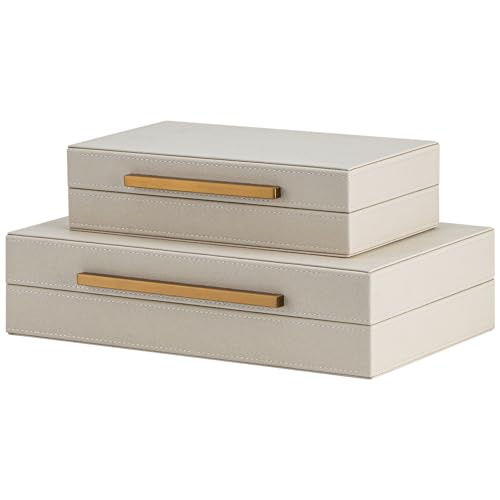 Set of 2 Beige Shagreen Decorative Storage Boxes with Gold Metal Handles – Faux Leather Jewelry & Memory Boxes, Nesting Ph...