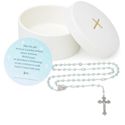 Baptism Gifts for Boys – Blue Rosary with Ceramic Keepsake Box and Card, Catholic Communion Gift, Christening and Baby Sho...