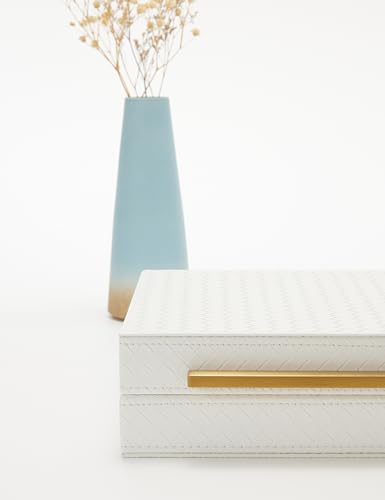 Kingflux White Wooden Keepsake Box With Faux Leather and Brushed Gold Handle, Gift and Storage Box for Vanity, Coffee Tabl...