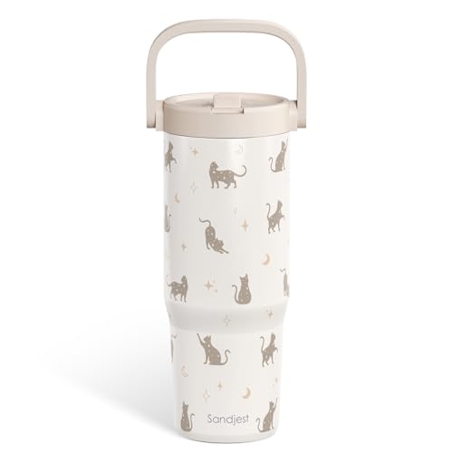 SANDJEST Cat Stainless Steel Straw Lid Tumbler 30oz with Carry Handle for Women Girls Cat Lovers, Insulated Travel Coffee ...