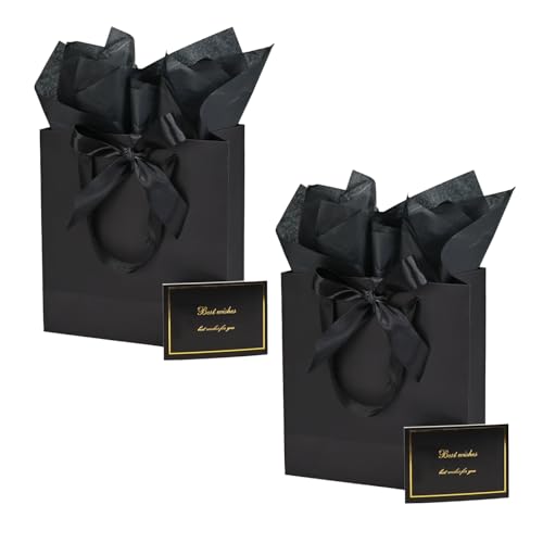 Papertide 2 Pack 10x4.5x11 Inch Large Black Gift Bag Set with Tissue Paper, Greeting Card & Ribbon, Big Gift Wrapping Kits...
