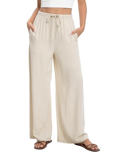 HONGTEYA Linen Pants for Women Wide Leg Palazzo Trousers Cotton Flowy Pants with Pockets for Summer Beach