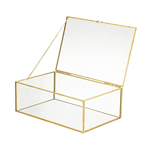 WHSLILR 10.8” Glass Jewelry Box Gold Card Box with Hinged Lid, Gold Keepsake Box for Storage Wedding Card, Trinkets, Photo...
