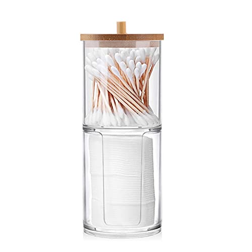 WJASI Qtip Holder Dispenser with Cotton Pads Jar Set Bamboo Lid Stackable Bathroom Counter Acrylic Organizer to Storage Co...