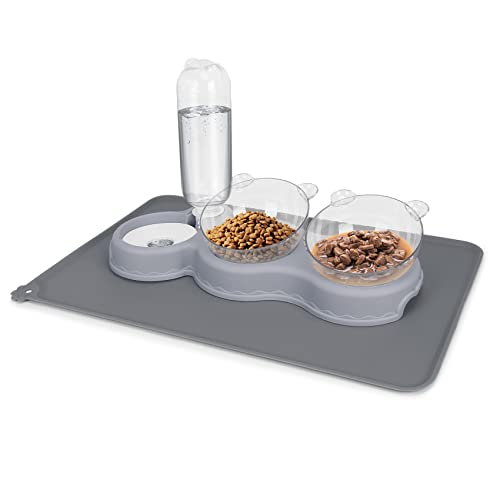 Triple Cat Bowls for Food and Water, YECERCAN Plastic Raised Cat Bowls with Automatic Water Bottle & Waterproof Mat for Ca...