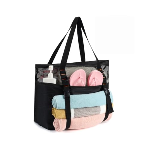 KOKKOYA 40L Large Black Mesh Beach Bag Tote with Zipper Towel Holder Sandproof Waterproof, 17" L x 8" D x 16.5" H