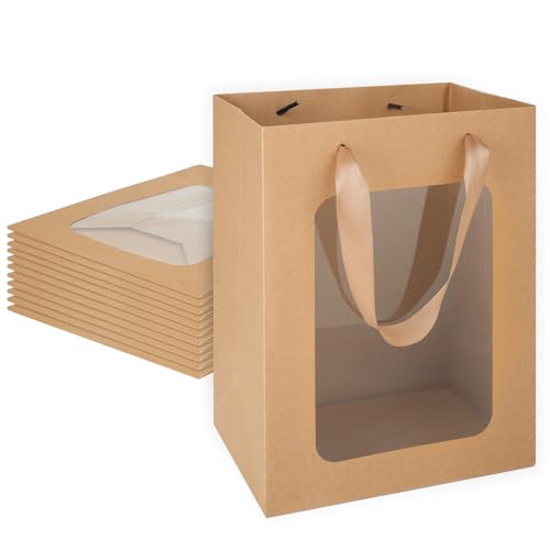 MOXARYSU 12 Pcs Brown Gift Bags with Clear Window: 9.8x5.1x7.1 Inch Small Medium Kraft Paper Bags with Handle For Party Bu...