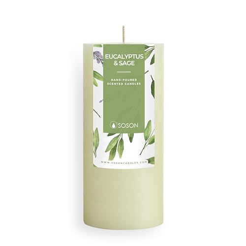 Simply Soson 3x6 inch Ivory Rustic Eucalyptus and Sage Pillar Scented Candle - 1 Piece - for Home Decor, Aromatherapy, Wed...