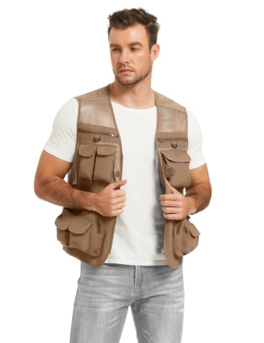 Flygo Men's Fishing Vest Utility Lightweight Outdoor Travel Safari Photo Cargo Vest with 16 Pockets