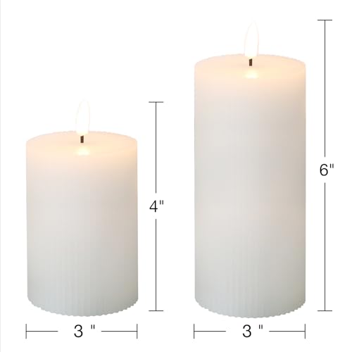 Girimax White Ribbed Flameless Pillar Candles with Remote, Flickering LED Wax Candles Battery Operated Set of 2