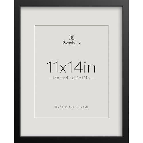 Xenoluma 11x14 Black Picture Frame with 8x10 Mat - Shatter Resistant HD Plexiglass, Wall Mount, Vertical Horizontal Displa...
