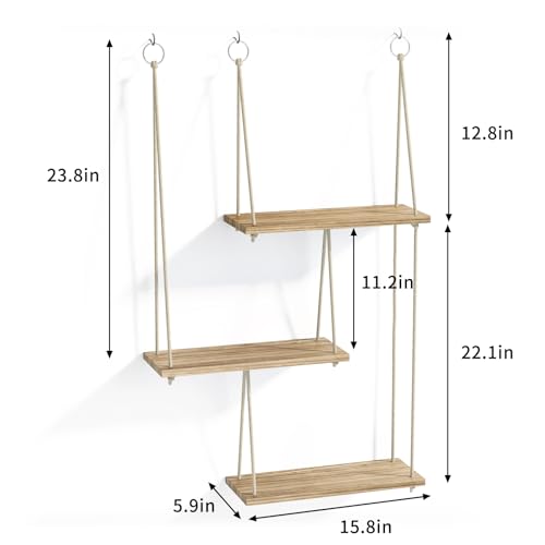 Fixwal Hanging Plant Shelves for Wall, 3 Tier Boho Wall Decor Plant Rack Floating Shelves Rope Rustic Wood Organizer Stora...