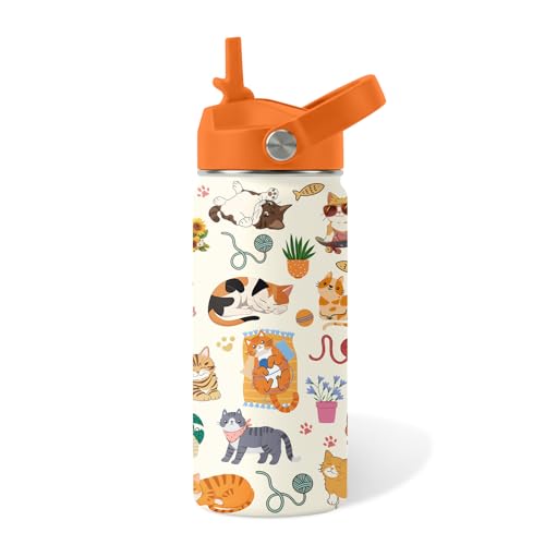 Cat Gifts for Kids - 16 Oz Orange Cat Water Bottle with Straw Lid, Stainless Steel Insulated Tumbler, Leak Proof, for Boys...