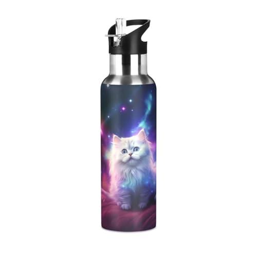 senya 20 Oz Water Bottle with Straw White Cat in The Galaxy Stainless Steel Water Bottle for Traveling Sports Leakproof In...