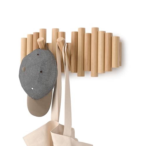 Umbra Picket Coat Rack Wall Mount – 5 Flip-Down Wood Coat Hooks, Modern & Functional Storage, Easy Install Wall Hooks, Nat...