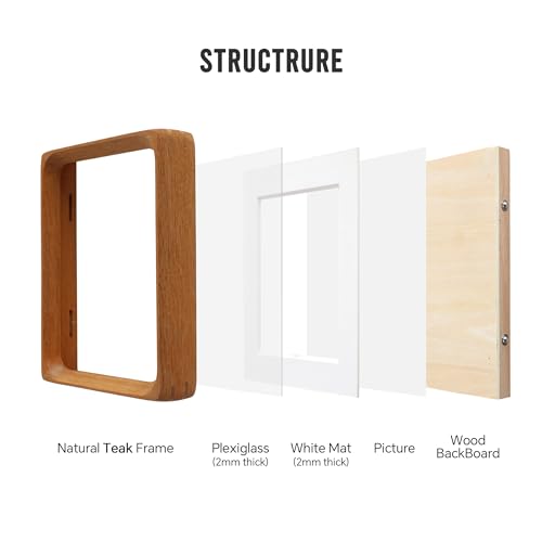 Zelvix Natural Teak Wood Picture Frame,Picture 3.5x5 with Mat or 4x6 Without Mat,Standing Desk Photo Frame 4 by 6,Plexigla...