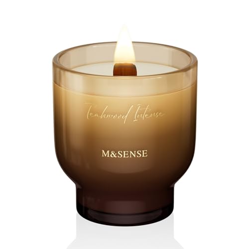 M&SENSE 9.88oz Natural Soy Wax Jar Candle with Wooden Wick | Teakwood Intense Scent | 55-Hour Burn & Long-Lasting Burn | H...