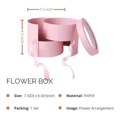BBJ WRAPS Pink Flower Round Box with Lid for Floral Arrangements, Double Layers Rotating Drawer Flower Bouquet Paper Gift ...