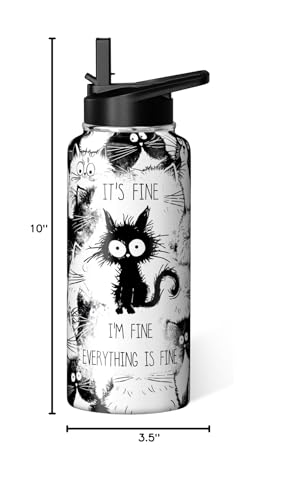Hqhzaha Cat Water Bottle 32oz Vacuum Insulated Funny Water Bottles Thermoses with Straw Lid Cat Gifts for Cat Lovers Owner...