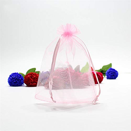100 Pcs 5x7 inches Gift Wrap Bags Pink, Organza Sheer See Through Fabric, Drawstring Satin Ribbon Pouches for Baby Shower ...