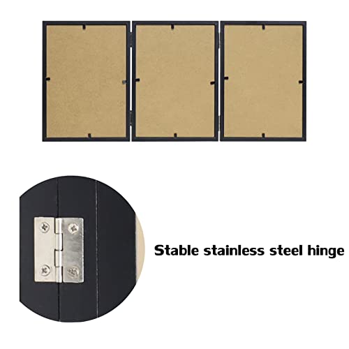 3 Picture Frame 4x6 Black Triple Hinged MDF Wood with Glass Front Three Opening Photo Frame Stand Vertical on Tabletop