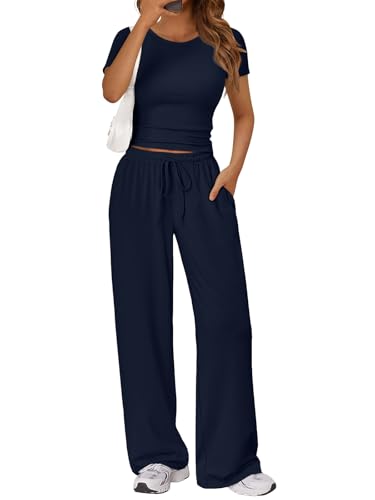 Trendy Queen 2 Piece Matching Summer Lounge Set Womens Side Ruching Top Wide Leg Pants Sets with Pockets