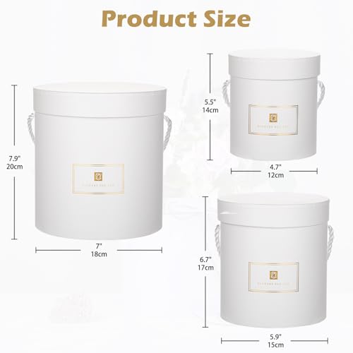 Hollyone White Gift Box with Lids Set of 3 Round Nesting Gift Boxes Cylinder for Presents 3 Assorted Sizes Flowers Arrange...