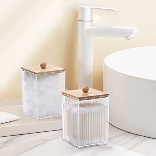 Tbestmax 3 Pack Square Qtip Holder - 12 oz Bathroom Organizers and Storage Containers, Plastic Apothecary Jars with Bamboo...