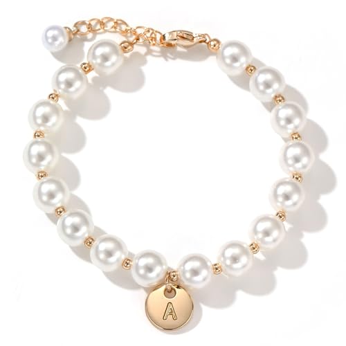 Miss Pink Initial Pearl Bracelet Flower Girl Bracelet Proposal Gifts for Girls, Dainty Gold Pearl Bracelets with Letter A-...