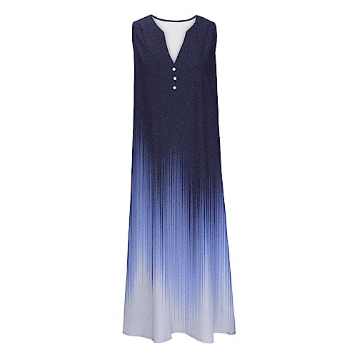 SMIDOW Womens Summer Design Casual Dress Fashion Floral Printed Elegant Dress Sleeveless V-Neck Long Dress with Pockets