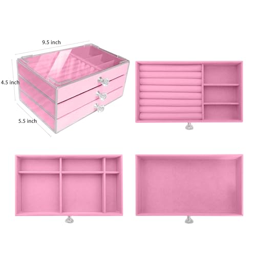 Jemjosh Clear Acrylic Velvet Jewelry Organizer with 3 Drawers, Stackable Display Storage Earrings Necklace Rings Bracelets...