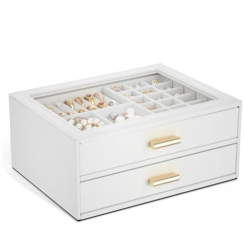 AKOZLIN Jewelry Box with Clear Lid Functional Leather Jewelry Storage Organizer Case 2 Drawers for Women Girls Necklace Ri...