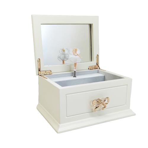 Liou PapaQ White Musical Jewelry Box with Ballerina for Girls and Women, Wooden Storage Organizer with Mirror,Swan Lake Tu...