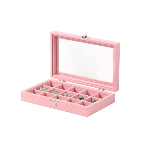 Pengup Travel Jewelry Box,Small Jewelry Case,Rings Earrings Cufflinks Organizer for Girls (Pink, 15 Grids)