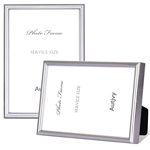 Autjvy 4x6 Picture Frame Set of 2, Silver Brushed Modern Simple Thin Aluminum Metal Photo Frame with HD Real Glass, Displa...