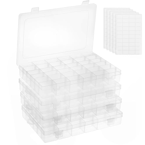 OUTUXED 4 Pack 36 Grids Plastic Bead Organizer Box with Dividers, Clear Craft Tackle Box Parts Storage Containers with Com...