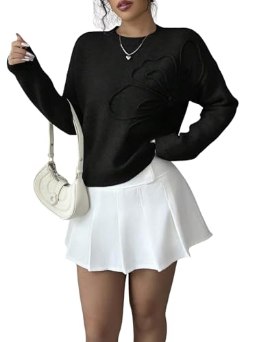 Verdusa Women's Spring 3D Flower Appliques Crewneck Sweaters Long Sleeve Drop Shoulder Pullovers Knit Going Out Tops