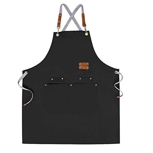 Mignongirl Chef Apron-Cross Back Apron for Men Women with Adjustable Straps and Large Pockets,Canvas,M-XXL,Black