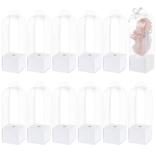 BENECREAT 12Pcs Single Rose Flower Box Empty Bag, Clear Flower Packing Boxes Flower Gift Boxes for Graduation Wedding Birt...